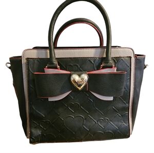 Betsey Johnson Black Tote with Bow and Embossed Hearts and Diamonds